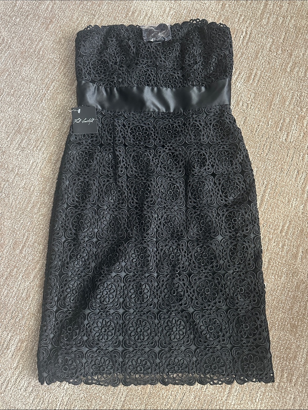 White House Black Market Strapless Black Lace Sheath Dress with Satin Waistband